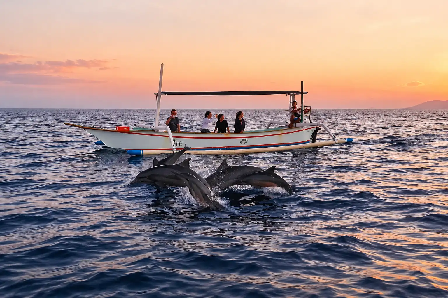 Traditional Lovina dolphin-watching boat at sunrise in North Bali